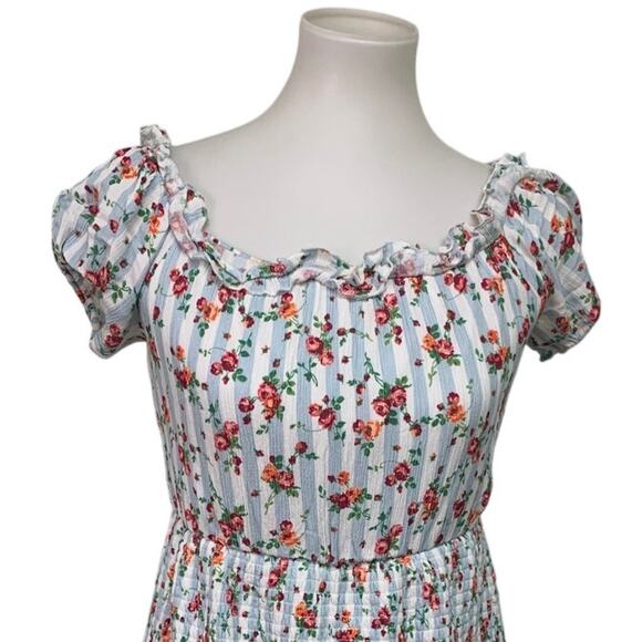 Peach Love California Womens Medium Striped Floral Short Sleeve Smocked Dress - Picture 2 of 7